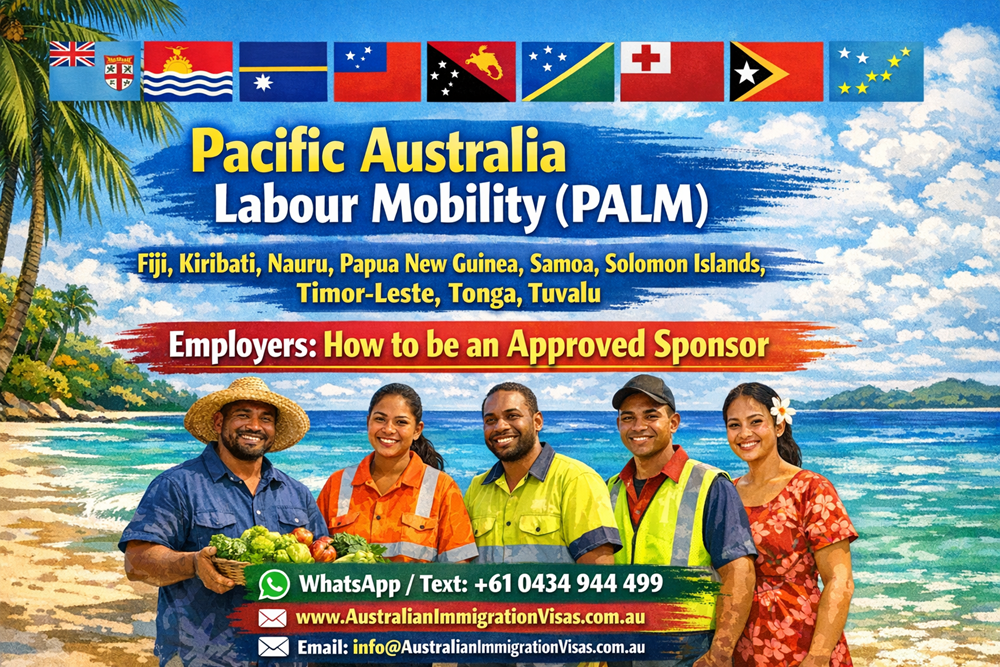 The Pacific Australia Labour Mobility (PALM) scheme enables approved sponsor employers in Australia to recruit workers from Fiji, Kiribati, Nauru, Papua New Guinea, Samoa, Solomon Islands, Timor-Leste, Tonga, and Tuvalu. Main benefits focus on addressing labor shortages with reliable workers.

Key Benefits
Approved employers gain access to unskilled, low-skilled, and semi-skilled workers described as reliable and productive, helping fill gaps in rural, regional, and agricultural sectors.

Employment Options
Employers can hire for short-term seasonal roles up to 9 months or long-term positions from 1 to 4 years, providing flexibility for agriculture, food manufacturing, and related areas.

How to apply and become a PALM approved employer

What are the eligibility requirements for PALM sponsors

What obligations do approved PALM employers have

Which sectors and jobs qualify under PALM scheme

What are common challenges for PALM employers

WhatsApp/Text +61 0434 944 499
www.AustralianImmigrationVisas.com.au
Email info@AustralianImmigrationVisas.com.au

#PALMEmployer
#PALMScheme
#PacificAustraliaLabour 