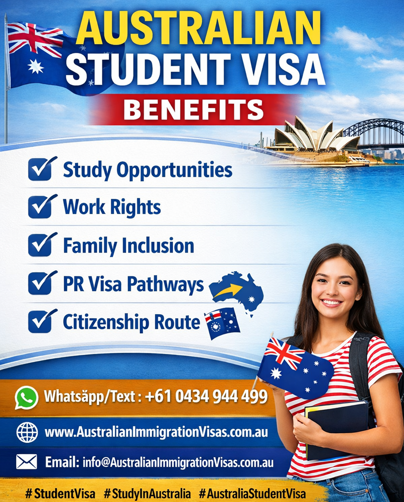 Australian Student Visa Benefits Study Opportunities Work Rights Family Inclusion PR Visa Pathways Citizenship Route WhatsApp/Text +61 0434 944 499 www.AustralianImmigrationVisas.com.au Email info@AustralianImmigrationVisas.com.au #StudentVisa #StudyInAustralia #AustraliaStudentVisa